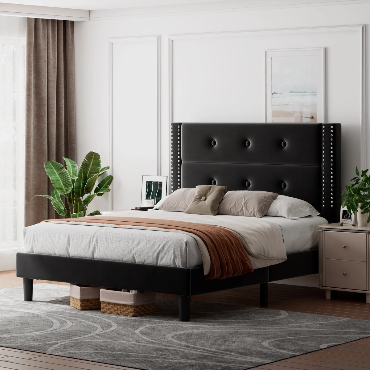Queen Black Velvet Upholstered Platform Bed Frame with Tufting Headboard S196