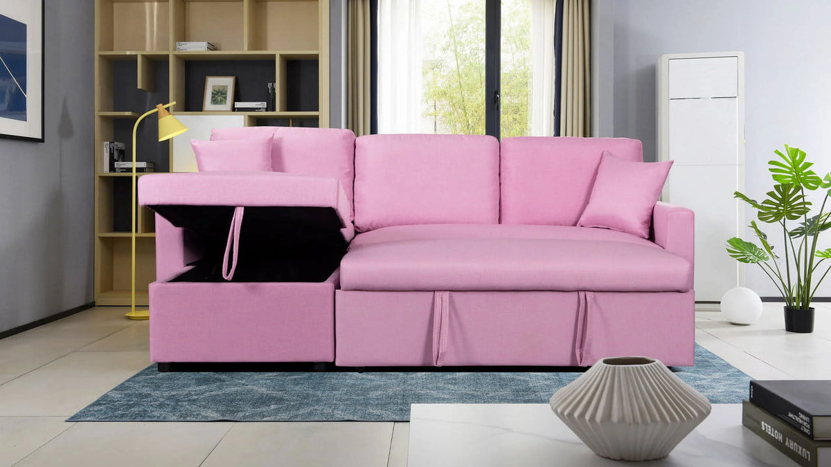 Pink Linen Fabric Reversible Sleeper Sectional Sofa with Storage Chaise B46648