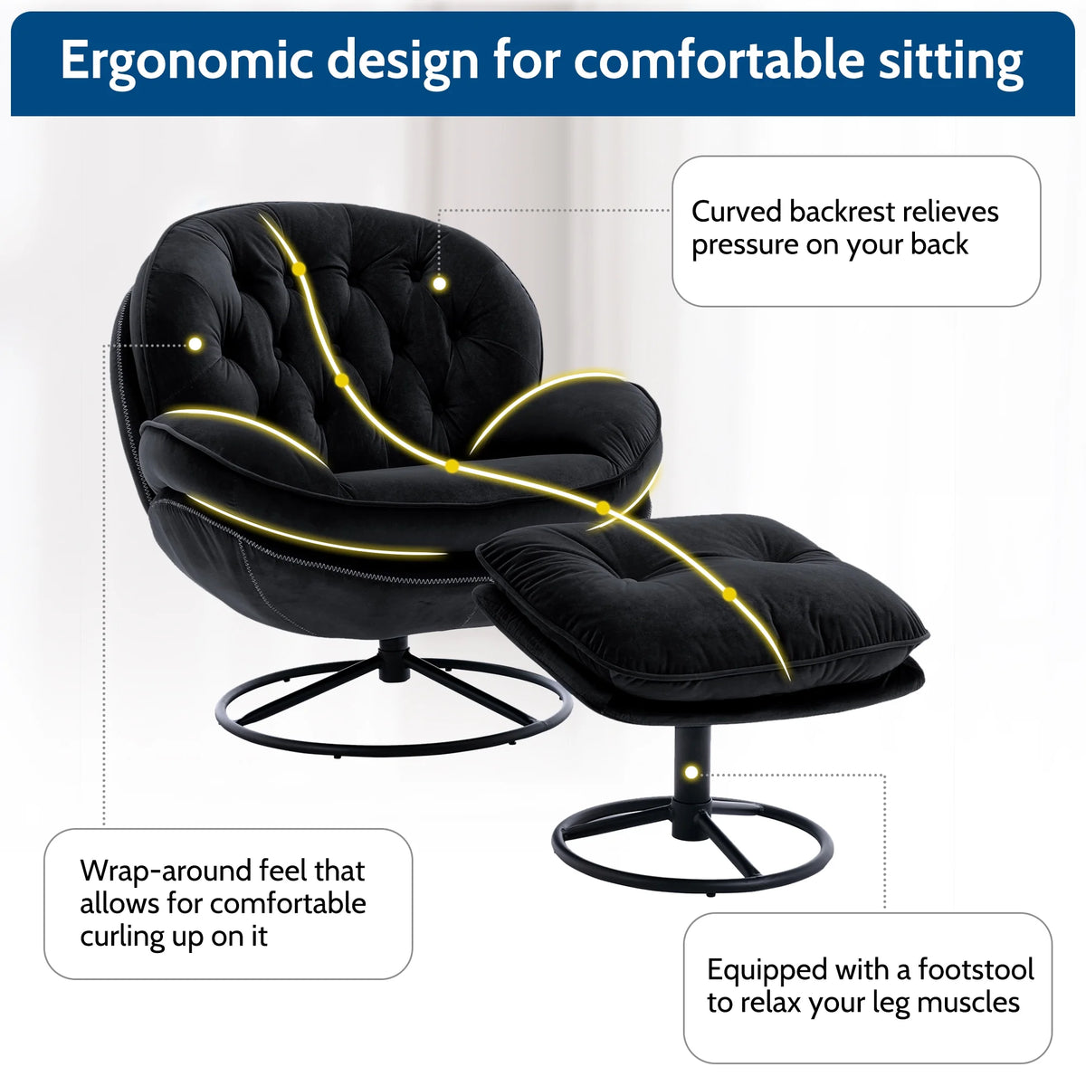 Black Velvet Swivel Accent Chair with Ottoman F975