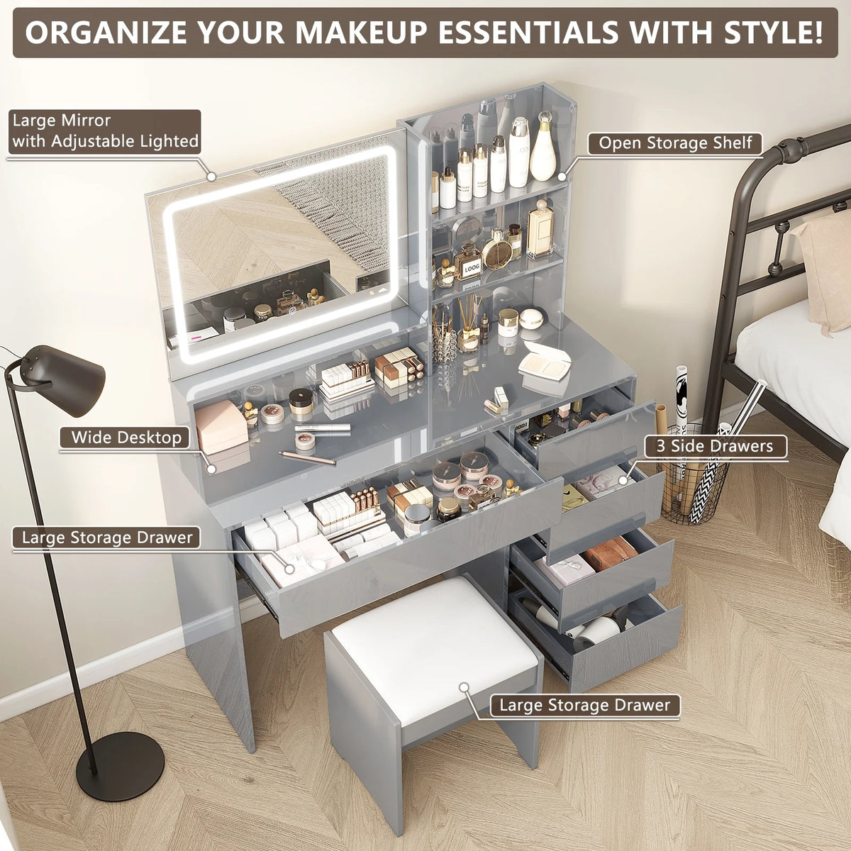 Gray Vanity Desk with Mirror and 4 Drawers Y288411