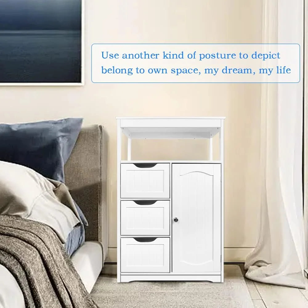 White Wooden Storage Cabinet with 3 Drawers 1 Door Q2783