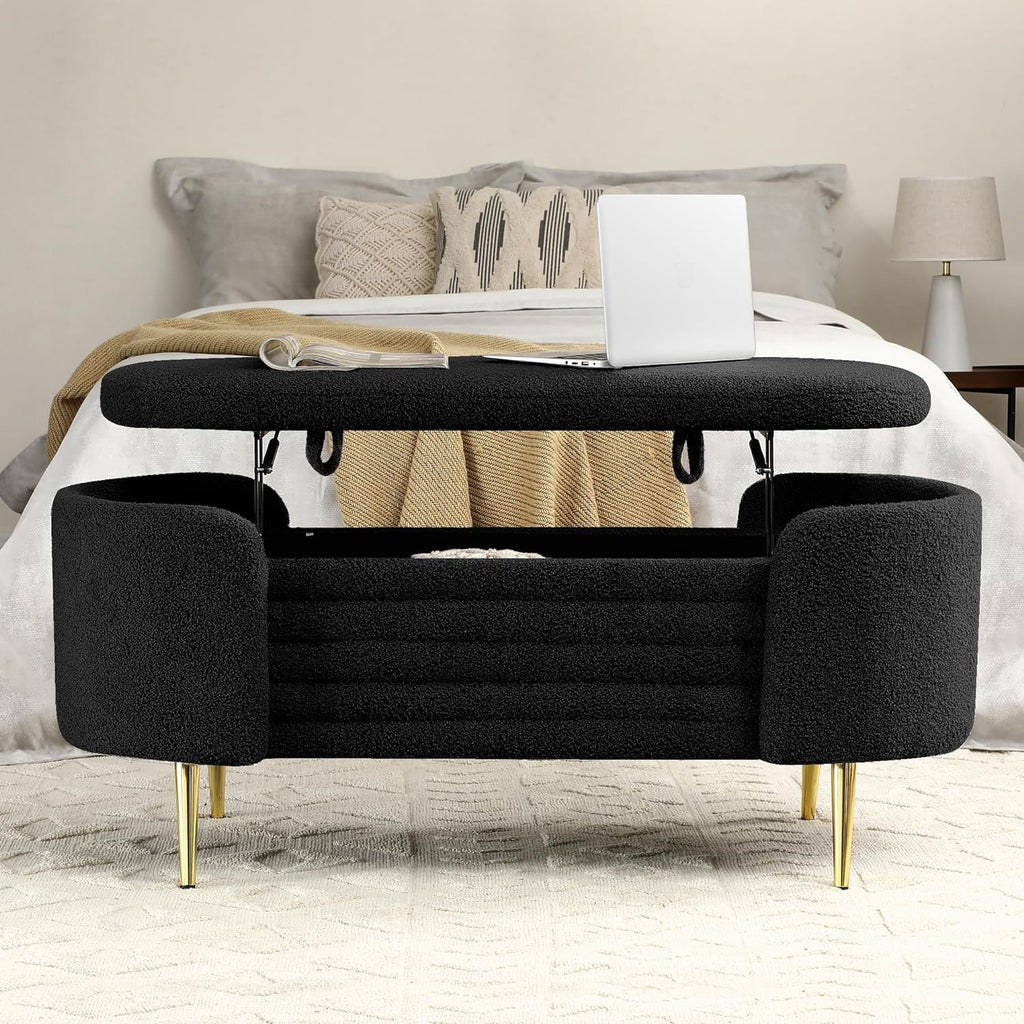 Black Sherpa Fabric Storage Bench V82058