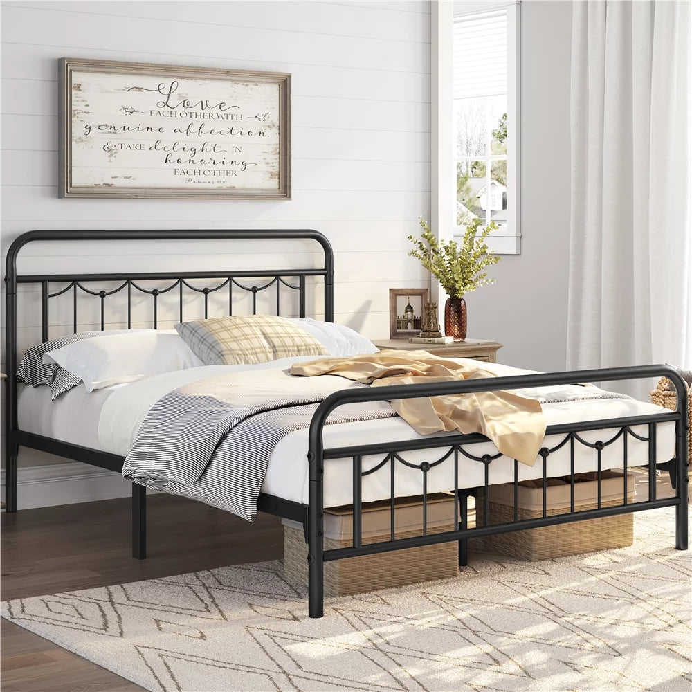 Queen Size Matte Black Metal Platform Bed Frame with Headboard and Footboard F201
