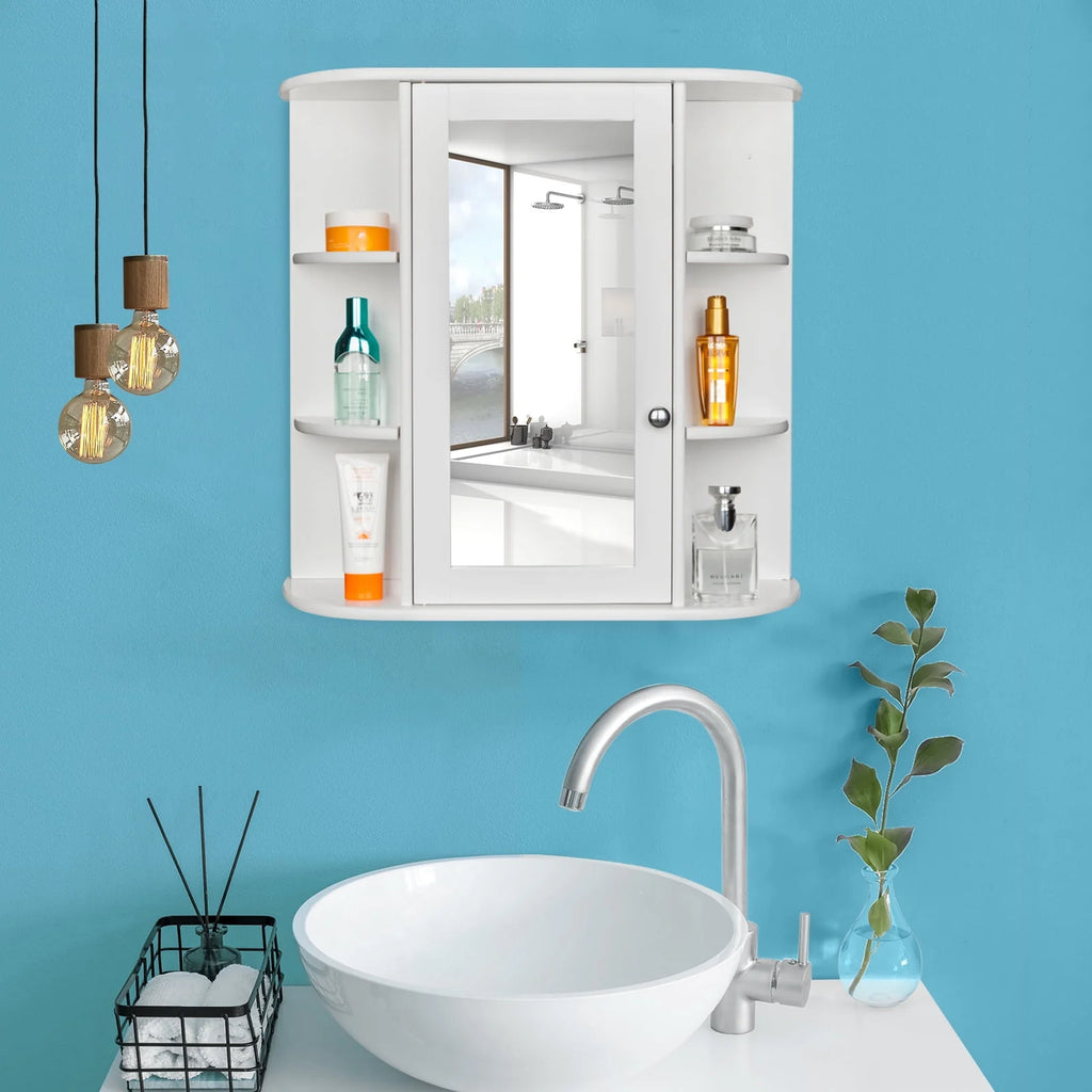 White Wooden Bathroom Storage Cabinet with Mirror Door & 8 Shelves J16722