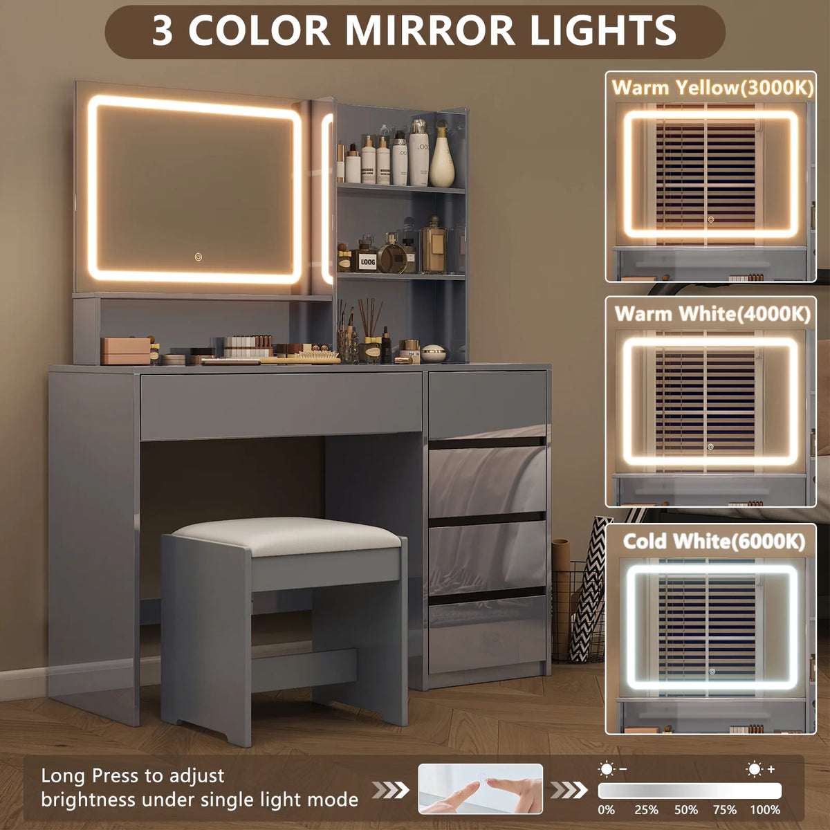 Gray Vanity Desk with Mirror and 4 Drawers Y288411
