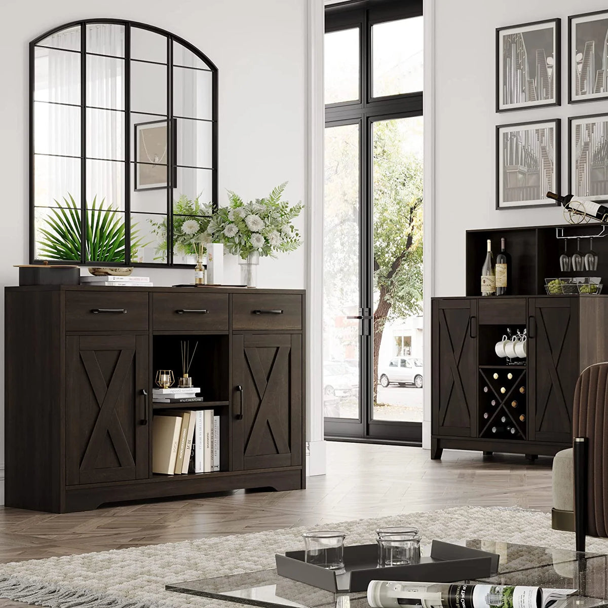 Dark Brown Wood Buffet Storage Cabinet with Barn Doors O63160