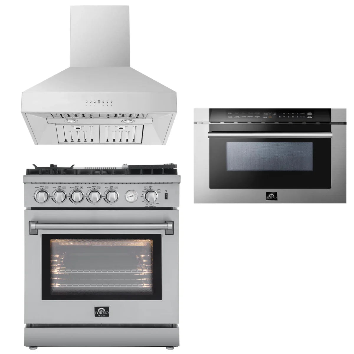 30 Gas Range, Range Hood, Microwave Drawer D72095