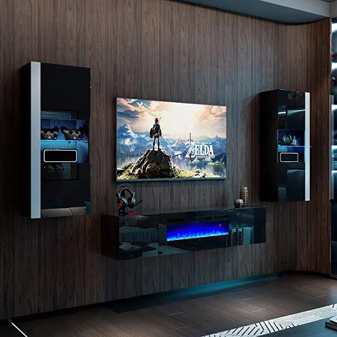 Black/White Floating Fireplace TV Stand with 2 Wall Cabinets U86715