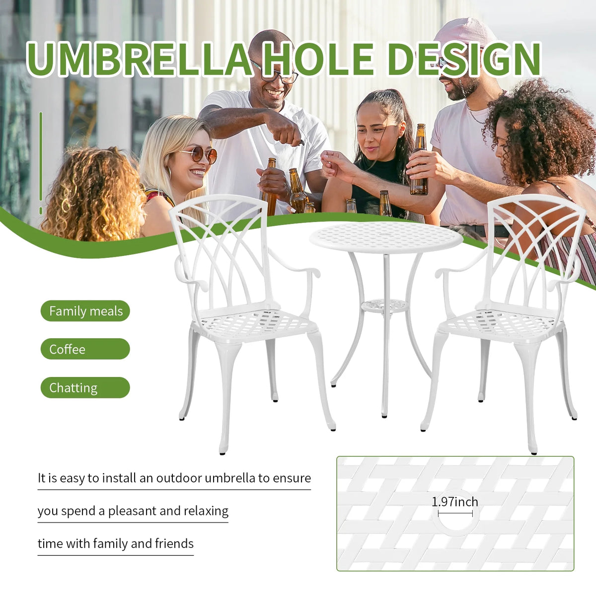 White Bistro Set with Umbrella Hole Cast Aluminum U579
