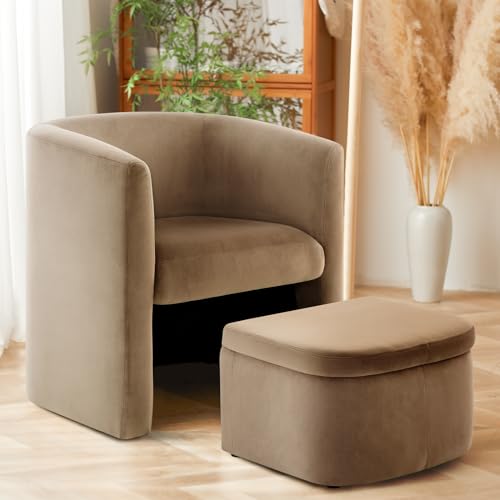 Green Velvet Accent Chair with Storage Ottoman W1062