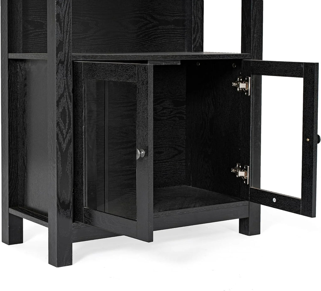 Black Wooden Bookcase And Storage Cabinet With Tempered Glass Doors And 3 Upper Shelves L57333