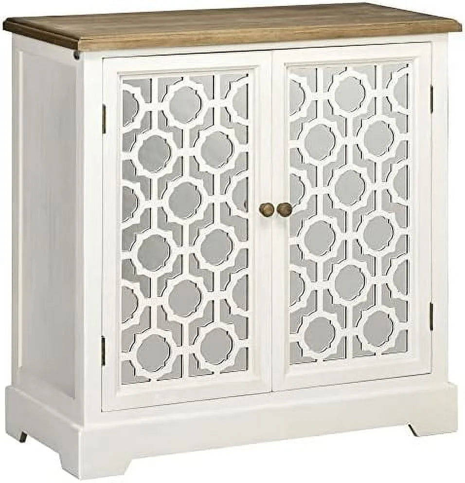 White Sideboard Buffet Cabinet with Double Glass Doors and Solid Wood Countertop B906509