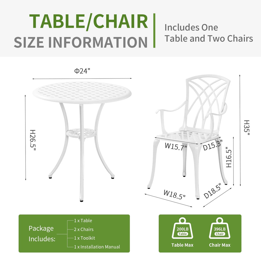 White Bistro Set with Umbrella Hole Cast Aluminum U579