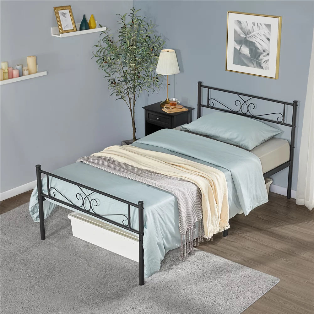 Twin Size Black Metal Platform Bed Frame with Headboard and Footboard O1981